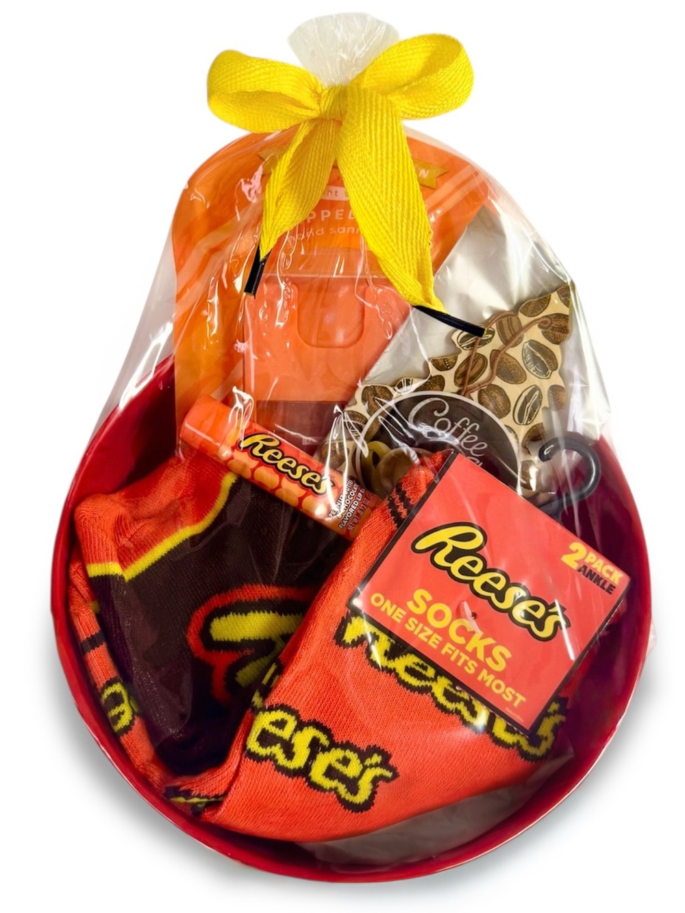 Reeses Gift Basket Bow Bowl Socks Lip Balm Hand Spray Air Freshener NWT